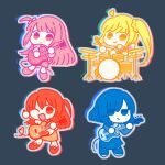  4girls ahoge bangs bass_guitar blonde_hair blue_eyes blue_hair bocchi_the_rock! chibi commentary cube_hair_ornament drum drum_set drumsticks electric_guitar gotou_hitori guitar hair_between_eyes hair_ornament holding holding_drumsticks holding_instrument ijichi_nijika instrument jacket kita_ikuyo limited_palette long_hair looking_at_viewer mole mole_under_eye multiple_girls music one_eye_closed pink_hair pink_jacket playing_instrument red_hair side_ponytail sidelocks solaria_aa track_jacket yamada_ryou yellow_eyes 