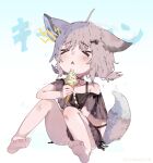  &gt;_&lt; 1girl ahoge animal_ears arknights bangs barefoot between_legs bikini black_bikini blue_background brain_freeze feet food fox_ears fox_girl fox_tail gradient gradient_background grey_hair hair_ornament hairclip hand_between_legs highres ice_cream lightning_bolt_symbol low_twintails off-shoulder_bikini off_shoulder official_alternate_costume pigeon-toed short_hair short_twintails sitting solo sound_effects sussurro_(arknights) sussurro_(summer_flowers)_(arknights) swimsuit tail triangle_mouth twintails unitedunti white_background 