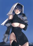 1girl absurdres arm_support arm_up bangs bare_hips black_gloves black_hair blue_eyes blue_hair breasts cleavage covered_navel cowboy_shot dated detached_sleeves dotted_background gloves habit hair_intakes highres hololive hololive_english kuutamo large_breasts leaning lips long_sleeves looking_at_viewer nun open_mouth ouro_kronii puffy_sleeves short_hair signature smile solo thighs underboob virtual_youtuber 