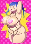  1girl armpits arms_behind_head bangs blue_hair blunt_bangs breasts brown_eyes commentary_request cowboy_shot cropped_legs glasses heart_pasties highres huge_breasts long_hair looking_at_viewer looking_to_the_side navel nikuko_(galko) open_mouth oshiete!_galko-chan over-rim_eyewear pasties pink_background plump polka_dot polka_dot_background semi-rimless_eyewear shibari sidelocks solo tareme tetrodotoxin thick_arms thick_thighs thighs yellow_background 