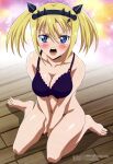  1girl absurdres blonde_hair blue_eyes bra breasts cleavage highres kawarajima_kou long_hair looking_at_viewer magazine_scan medium_breasts megami_magazine no_panties official_art open_mouth peter_grill_to_kenja_no_jikan scan sitting thighs twintails underwear wariza wooden_floor 