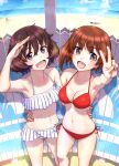  2girls :d absurdres akiyama_yukari arm_around_waist arm_up armpits bangs bare_arms beach bikini blue_sky blurry breasts brown_eyes brown_hair cleavage day depth_of_field girls_und_panzer hair_between_eyes halterneck highres looking_at_viewer medium_breasts medium_hair multiple_girls mushinosuke navel nishizumi_miho ocean open_mouth outdoors red_bikini shiny shiny_hair side-tie_bikini_bottom sideboob sky smile standing sunlight swimsuit v white_bikini 