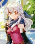  1girl alpha_signature artist_name bangle bangs bare_shoulders black_gloves blue_scarf bracelet commentary_request day dress elbow_gloves fingerless_gloves fire_emblem fire_emblem:_radiant_dawn fire_emblem_heroes gloves grey_hair hair_ribbon half_updo highres jewelry long_hair micaiah_(fire_emblem) nana_(nanalog76) outdoors ribbon scarf side_slit signature sleeveless sleeveless_dress smile solo twitter_username upper_body white_hair yellow_eyes 