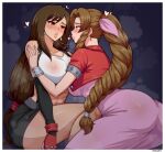  2girls abs absurdres aerith_gainsborough after_kiss ass blush braid braided_ponytail breasts brown_hair crop_top earrings eye_contact final_fantasy final_fantasy_vii heart highres huge_breasts jewelry lips long_hair looking_at_another multiple_girls red_eyes saliva saliva_trail simmsy sweat thick_thighs thighs tifa_lockhart toned very_long_hair yuri 