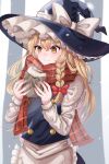  1girl apron black_headwear blonde_hair bow braid closed_mouth erisauria food hat hat_bow highres holding holding_food kirisame_marisa long_hair long_sleeves red_scarf scarf side_braid single_braid smile solo touhou upper_body waist_apron white_bow witch_hat yellow_eyes 