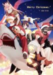  2boys 3girls 3others absurdres antlers beam_(chainsaw_man) black_hair blonde_hair blue_eyes blue_sky braid braided_ponytail brown_dress chainsaw chainsaw_devil chainsaw_man cross-shaped_pupils denji_(chainsaw_man) dress extra_eyes fake_antlers floating fur-trimmed_jacket fur-trimmed_pants fur_trim hair_between_eyes hair_ornament hat highres intestines jacket long_hair looking_at_viewer makima_(chainsaw_man) medium_hair meowy_(chainsaw_man) merry_christmas multiple_boys multiple_girls multiple_others night night_sky open_mouth orange_eyes pants pink_hair power_(chainsaw_man) purple_hair red_hair red_jacket red_pants reindeer_antlers reze_(chainsaw_man) ringed_eyes santa_hat scar shark sharp_teeth short_hair sky star_(symbol) star_hair_ornament symbol-shaped_pupils teeth tongue tongue_out toukaairab white_dress yellow_eyes 