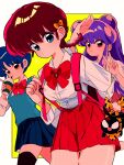  3girls animal blue_eyes bow breasts commentary highres multiple_girls p-chan pig purple_hair ranma-chan ranma_1/2 red_bow red_eyes red_hair red_skirt sanamaru_(sana79261827) shampoo_(ranma_1/2) short_hair skirt tendou_akane v yellow_bow 