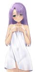  1girl absurdres bangs bare_arms bare_shoulders cafe_stella_to_shinigami_no_chou collarbone covering covering_breasts embarrassed eyelashes green_eyes groin hair_down hair_over_one_eye hands_on_own_breasts highres hiuchidani_mei holding holding_towel long_hair looking_at_viewer naked_towel ncontrail_(mgax7527) parted_bangs purple_hair sidelocks simple_background solo standing straight_hair tan tanlines thighs towel white_background white_towel yuzu-soft 