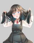  1girl asashio_(kancolle) asashio_kai_ni_(kancolle) black_hair blue_eyes buttons collared_shirt comah commentary_request dress grey_background hair_between_eyes hair_focus highres kantai_collection long_hair long_sleeves looking_at_viewer neck_ribbon open_mouth pinafore_dress pleated_dress red_ribbon ribbon school_uniform shirt solo upper_body white_shirt 