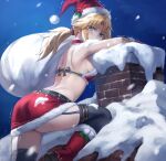  1girl ass bad_id bad_twitter_id bangs blonde_hair braid breasts fate/apocrypha fate_(series) french_braid fur-trimmed_headwear green_eyes hat highres long_hair looking_at_viewer mordred_(fate) mordred_(fate/apocrypha) parted_bangs ponytail red_headwear santa_costume santa_hat sidelocks small_breasts solo tonee 