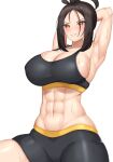 1girl abs absurdres armpits arms_behind_head bangs bike_shorts black_hair black_shorts black_sports_bra breasts brown_eyes cleavage commentary_request dendra_(pokemon) highres large_breasts looking_at_viewer navel parted_bangs parted_lips pokemon pokemon_(game) pokemon_sv sharen shorts sideboob smile solo sports_bra sweat toned white_background 