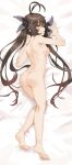  1girl antenna_hair blush breasts completely_nude dakimakura_(medium) feet full_body girls&#039;_frontline highres lemures long_hair m14_(girls&#039;_frontline) medium_breasts nipples nude open_mouth shiny shiny_skin sidelocks solo twintails very_long_hair 