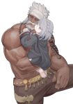  1boy 1girl absurdres affectionate age_difference arm_hair bara beard cheek-to-cheek dark-skinned_male dark_skin facial_hair feet_out_of_frame female_child final_fantasy final_fantasy_xiv glaring headband heads_together highres hyur long_hair lyon_rem_helsos mature_male muscular muscular_male mustache notesonlyonpii old old_man pants short_hair shoulder_tattoo tattoo topless_male white_hair 