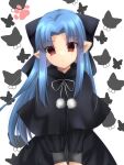  1girl black_bow black_capelet black_dress blue_hair bow capelet commentary dress hair_bow highres len_(tsukihime) long_hair neck_ribbon pointy_ears pom_pom_(clothes) red_eyes ribbon solo symbol-only_commentary tsukihime vent_vert_(kuuya) white_ribbon 