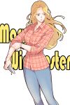  1girl animification blonde_hair blood blood_on_hands blood_on_weapon breasts character_name denim green_eyes holding holding_knife jeans knife long_hair mary_winchester medium_breasts pants plaid plaid_shirt rolling_sleeves_up rushi_(mousang) shirt sleeves_rolled_up solo supernatural_(tv_series) weapon 