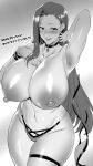  1girl absurdres alternate_costume arms_up bangs bikini blush breasts breasts_out collar commission daihuku12130 fire_emblem fire_emblem_echoes:_shadows_of_valentia greyscale highres huge_breasts long_hair looking_at_viewer mature_female md5_mismatch monochrome nipples open_mouth resolution_mismatch skeb_commission smile solo sonya_(fire_emblem) source_smaller swimsuit topless wide_hips 