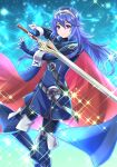  1girl belt blue_background blue_cape blue_eyes blue_footwear blue_gloves blue_hair blue_thighhighs boots cape commission falchion_(fire_emblem) fingerless_gloves fire_emblem fire_emblem_awakening fire_emblem_engage gloves highres holding holding_sword holding_weapon kakiko210 light_particles long_hair looking_at_viewer lucina_(fire_emblem) red_cape skeb_commission smile solo sparkle sword thigh_boots thighhighs tiara weapon 