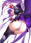  1girl ass bangs bb_(fate) bb_(fate/extra) black_coat black_skirt black_thighhighs blush breasts coat collared_shirt fate/extra fate/extra_ccc fate/grand_order fate_(series) gloves hair_ribbon high-waist_skirt highres large_breasts leotard licking_lips long_hair long_sleeves looking_at_viewer looking_back neck_ribbon open_clothes open_coat popped_collar purple_eyes purple_hair red_ribbon ribbon sano_jinya shirt skirt smile solo thighhighs thighs tongue tongue_out very_long_hair wand white_gloves white_leotard white_shirt wide_sleeves 