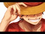  1boy black_border border collarbone grin hat hat_over_eyes highres letterboxed male_focus monkey_d._luffy oekakiboya one_piece portrait red_shirt scar scar_on_cheek scar_on_face shirt smile solo straw_hat sun_hat white_background yellow_headwear 