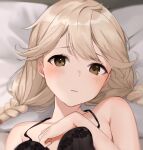  1girl bangs black_bra blonde_hair bra braid brown_eyes closed_mouth commentary_request faye_(fire_emblem) fire_emblem fire_emblem_echoes:_shadows_of_valentia from_above frown haru_(nakajou-28) long_hair looking_at_viewer low_twintails lying on_back partial_commentary pillow portrait shiny shiny_hair solo strap_gap twin_braids twintails underwear 