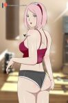  1girl agung911 ass bare_shoulders blurry blurry_background blush boruto:_naruto_next_generations crop_top exercise floor from_behind green_eyes gym hairband hand_on_own_ass haruno_sakura highres indoors looking_back naruto_(series) open_mouth patreon_logo pink_hair punching_bag red_shirt shirt short_hair shoulder_blades sidelocks signature steam steaming_body sunlight sweat thighs underwear 