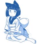  1girl animal_ears bangs barefoot blue_theme closed_mouth commentary_request fox_ears fox_girl fox_tail full_body japanese_clothes kimono kitsune long_sleeves looking_at_viewer mawaru_(mawaru) monochrome obi original sash short_hair simple_background sketch smile solo tail white_background wide_sleeves 