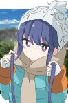  1girl :c bangs beanie blue_coat blue_hair blue_sky blush bright_pupils brown_scarf closed_mouth cloud coat commentary day dot_nose grey_headwear hat holding holding_hair ixy long_hair long_sleeves looking_at_viewer outdoors purple_eyes scarf shima_rin sidelocks sky solo upper_body white_headwear white_pupils winter_clothes winter_coat yurucamp 