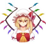  1girl ascot blonde_hair breasts cibo_(killy) cropped_torso crystal flandre_scarlet hair_between_eyes hat highres looking_at_viewer medium_breasts mob_cap nostrils one_side_up puffy_short_sleeves puffy_sleeves red_eyes short_sleeves simple_background slit_pupils solo touhou upper_body white_background wings yellow_ascot 