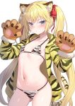  1girl alexmaster animal_ears animal_hands animal_print ass_visible_through_thighs bikini blonde_hair blue_eyes bow breasts closed_mouth collarbone commentary_request cowboy_shot extra_ears frown gloves hair_bow halterneck hands_up highres hirakata_kana jacket kemonomimi_mode long_hair long_sleeves looking_at_viewer navel open_clothes open_jacket original paw_gloves pout shiny shiny_skin simple_background small_breasts solo stomach string_bikini swimsuit tail thighs tiger_ears tiger_print tiger_tail twintails v-shaped_eyebrows very_long_hair white_background white_bikini yellow_jacket 