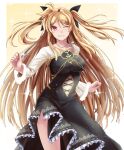  1girl black_bow black_dress blonde_hair border bow breasts collarbone dress fate_testarossa floating_hair fur-trimmed_sleeves fur_trim grin hair_bow highres jewelry large_breasts long_hair long_sleeves looking_at_viewer lyrical_nanoha mahou_shoujo_lyrical_nanoha_strikers one_eye_closed pendant red_eyes shiny shiny_hair side_slit smile solo sougetsu_izuki sparkle standing twintails very_long_hair white_border white_sleeves yellow_background 