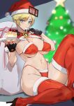  1girl alternate_costume ashiomi_masato bikini black_footwear black_gloves blonde_hair blue_eyes blurry blurry_background blush breasts cake capelet christmas christmas_tree cleavage commentary fingerless_gloves food full_body fur-trimmed_capelet fur-trimmed_thighhighs fur_trim gift_bag gloves guilty_gear hat high_heels highleg highleg_bikini holding holding_plate icing knee_up large_breasts licking licking_finger looking_at_viewer millia_rage navel plate pom_pom_(clothes) red_bikini red_capelet red_headwear red_thighhighs santa_bikini santa_hat short_hair sitting solo stomach strawberry_cake string_bikini swimsuit thighhighs thighs twitter_username 