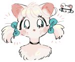  1girl :3 animal_ear_fluff animal_ears bangs bar_censor black_choker blue_bow blue_eyes blush blush_stickers body_fur bow cat_ears cat_girl censored chibi chibi_inset choker cocri commentary_request fur_(clothing) fur_collar furry furry_female hair_bow happy highres identity_censor jpeg_artifacts looking_at_viewer multiple_views notice_lines open_mouth original portrait princess_koyuki_(cocri) short_hair simple_background sketch smile straight-on swept_bangs twintails white_background white_fur white_hair wide-eyed 