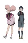  2girls absurdres afro_puffs asticassia_school_uniform bangs black_hair blue_eyes blue_hair breasts chuatury_panlunch colored_inner_hair double_bun full_body green_jacket green_shorts gundam gundam_suisei_no_majo hair_bun highres jacket kneehighs long_hair looking_at_viewer medium_breasts multicolored_hair multiple_girls nika_nanaura open_mouth pink_eyes pink_hair psylduck school_uniform shoes short_hair shorts socks standing two-tone_hair 