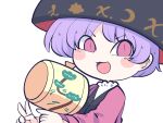  1girl black_headwear blush_stickers bowl bowl_hat fried_rice0614 hat holding japanese_clothes kimono miracle_mallet one-hour_drawing_challenge open_mouth purple_hair red_eyes red_kimono short_hair simple_background solo sukuna_shinmyoumaru touhou upper_body v white_background 