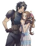  1boy 1girl aerith_gainsborough bangs bare_shoulders black_hair blush braid braided_ponytail brown_hair closed_eyes closed_mouth couple cowboy_shot crisis_core_final_fantasy_vii dress english_commentary final_fantasy final_fantasy_vii gloves green_eyes hair_ribbon hand_on_another&#039;s_shoulder hand_on_hip height_difference hetero highres long_hair open_mouth parted_bangs pink_ribbon ribbon sidelocks simple_background sleeveless sleeveless_dress spiked_hair sweater sylvthea teeth turtleneck turtleneck_sweater upper_teeth_only white_background zack_fair 