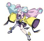  1girl absurdres black_shorts blue_hair boots coat hayakawa_harui highres iono_(pokemon) long_hair multicolored_hair pokemon pokemon_(game) pokemon_sv purple_eyes purple_hair sharp_teeth shorts single_thighhigh sleeves_past_fingers sleeves_past_wrists teeth thigh_strap thighhighs two-tone_hair white_background yellow_coat 