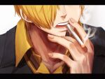  1boy beard black_border black_jacket blonde_hair border cigarette collarbone collared_shirt facial_hair hair_over_one_eye head_out_of_frame highres jacket letterboxed male_focus oekakiboya one_piece sanji_(one_piece) shirt short_hair smoking solo wing_collar yellow_shirt 