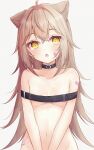  1girl :o absurdres animal_ears bandaid bandaid_on_arm bandaid_on_cheek bandaid_on_face belt black_belt blush breasts commentary_request fang highres indie_virtual_youtuber light_brown_hair lion_ears long_hair looking_at_viewer naked_belt nude open_mouth rurudo_lion sirotuki_ito small_breasts solo sweat very_long_hair virtual_youtuber yellow_eyes 