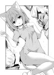  1girl animal_ears bare_legs cat_ears cat_girl cat_tail chain highres level_1_kara_hajimaru_shoukan_musou monochrome naked_shirt nanamomo_rio shirt short_hair short_sleeves slave tail tears torn_clothes torn_sleeves 