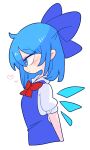 1girl bangs blue_bow blue_dress blue_eyes blue_hair bow breasts cirno collared_shirt dress fairy_wings from_side hair_bow highres ice ice_wings long_dress neck_ribbon op_na_yarou pinafore_dress puffy_short_sleeves puffy_sleeves red_ribbon ribbon shirt short_hair short_sleeves simple_background small_breasts solo touhou white_background white_shirt wings 