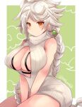  1girl alternate_costume asymmetrical_hair between_legs braid breasts brown_eyes cleavage commentary_request highres hirune_(konekonelkk) jitome kantai_collection large_breasts long_hair meme_attire one-hour_drawing_challenge open-chest_sweater ribbed_sweater single_braid sitting sleeveless sleeveless_sweater solo sweater unryuu_(kancolle) v_arms very_long_hair wariza white_hair 