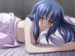  1girl bed_sheet blaze_of_destiny_ii_-_the_beginning_of_the_fate blue_hair blush breasts circlet closed_mouth game_cg hair_over_breasts long_hair looking_at_viewer ninozen nude pillow rosetta_mizerhait shiny shiny_hair small_breasts smile solo straight_hair under_covers upper_body yellow_eyes 