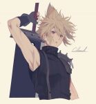 1boy 234_(1234!) arm_up armor armpits blonde_hair blue_eyes buster_sword character_name cloud_strife final_fantasy final_fantasy_vii fingerless_gloves gloves holding holding_sword holding_weapon huge_weapon looking_at_viewer male_focus messy_hair open_mouth ribbed_sweater shoulder_armor simple_background single_bare_shoulder sleeveless sleeveless_turtleneck solo spiked_hair suspenders sweater sword turtleneck turtleneck_sweater upper_body weapon 