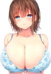  1girl bangs bare_shoulders blue_bra blue_eyes blush bra breasts brown_hair cleavage closed_mouth collarbone commentary_request flower_trim highres huge_breasts looking_at_viewer original short_hair simple_background solo sune_(mugendai) underwear underwear_only upper_body white_background 