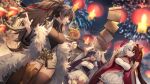  3girls :d absurdres ahoge azur_lane bangs bare_shoulders black_hair black_thighhighs blurry blurry_background bodystocking box breasts chao_ho_(azur_lane) chinese_clothes cleavage_cutout clothing_cutout coat cone_hair_bun dango double_bun fireworks food fur-trimmed_coat fur_trim gold_hairband gold_trim hair_between_eyes hair_bun hairband harbin_(azur_lane) highres holding holding_box holding_food jewelry lantern large_breasts long_hair multicolored_hair multiple_girls necklace ponytail purple_eyes rff_(3_percent) sideboob smile split-color_hair thighhighs thighs very_long_hair wagashi ying_swei_(azur_lane) zettai_ryouiki 