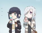  2girls alternate_costume artist_name bangs black_hair black_jacket blue_eyes casual cellphone chibi commentary contemporary earrings eating english_commentary expressionless food genshin_impact gradient gradient_background green_eyes hair_over_one_eye holding holding_ice_cream holding_phone ice_cream ice_cream_cone jacket jewelry long_hair multiple_girls phone shenhe_(genshin_impact) smartphone taking_picture xinzoruo yelan_(genshin_impact) 
