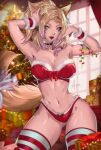  1girl absurdres amaterasu_(amaterasumikami) animal_ears ass_visible_through_thighs avatar_(ff14) bikini blonde_hair blue_eyes blurry blurry_background box breasts cat_ears cat_tail christmas christmas_tree facial_mark final_fantasy final_fantasy_xiv freckles gift gift_box grey_eyes heterochromia highres large_breasts lights looking_at_viewer merry_christmas miqo&#039;te navel red_bikini red_headwear ribbon santa_bikini smile solo stomach strapless strapless_bikini striped striped_thighhighs swimsuit tail thighhighs whisker_markings wrist_cuffs 