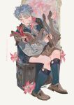  1boy animal blue_eyes brown_footwear crossed_legs dead_animal deer expressionless flower flower_in_mouth freckles full_body grey_hair grey_shirt guro highres holding holding_animal kneehighs male_focus mgong520 original shirt short_hair shorts sitting socks suitcase vest 