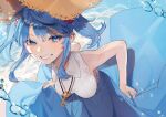  1girl bent_over blue_eyes blue_hair blue_skirt glint grin hat highres kappa_mame kawashiro_nitori looking_at_viewer skirt sleeveless smile solo sparkle straw_hat touhou water_drop 