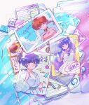  absurdres blue_hair breasts cloud cloudy_sky en_0410 green_eyes headphones highres kuonji_ukyou phonecard purple_eyes purple_hair ranma-chan ranma_1/2 red_hair retro_artstyle shampoo_(ranma_1/2) short_hair sky smile tendou_akane 